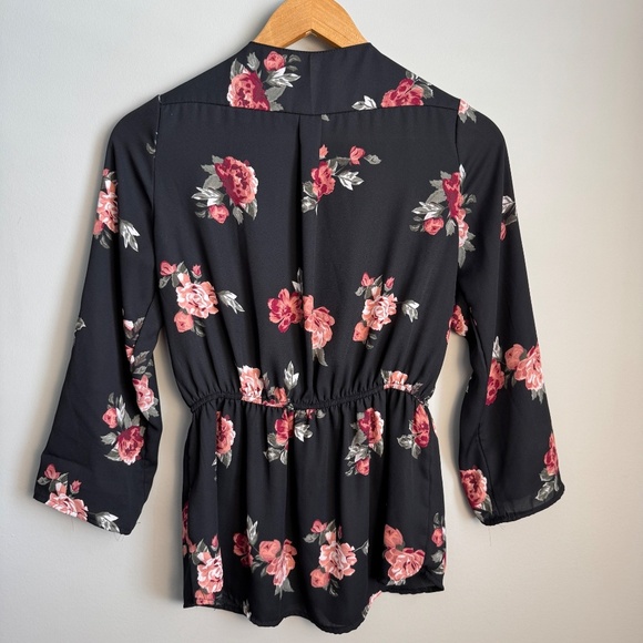 Stella Tweed 1/2 Zip Floral Long Sleeve Satin Peplum Blouse‎ Black Elastic Waist - Picture 6 of 16